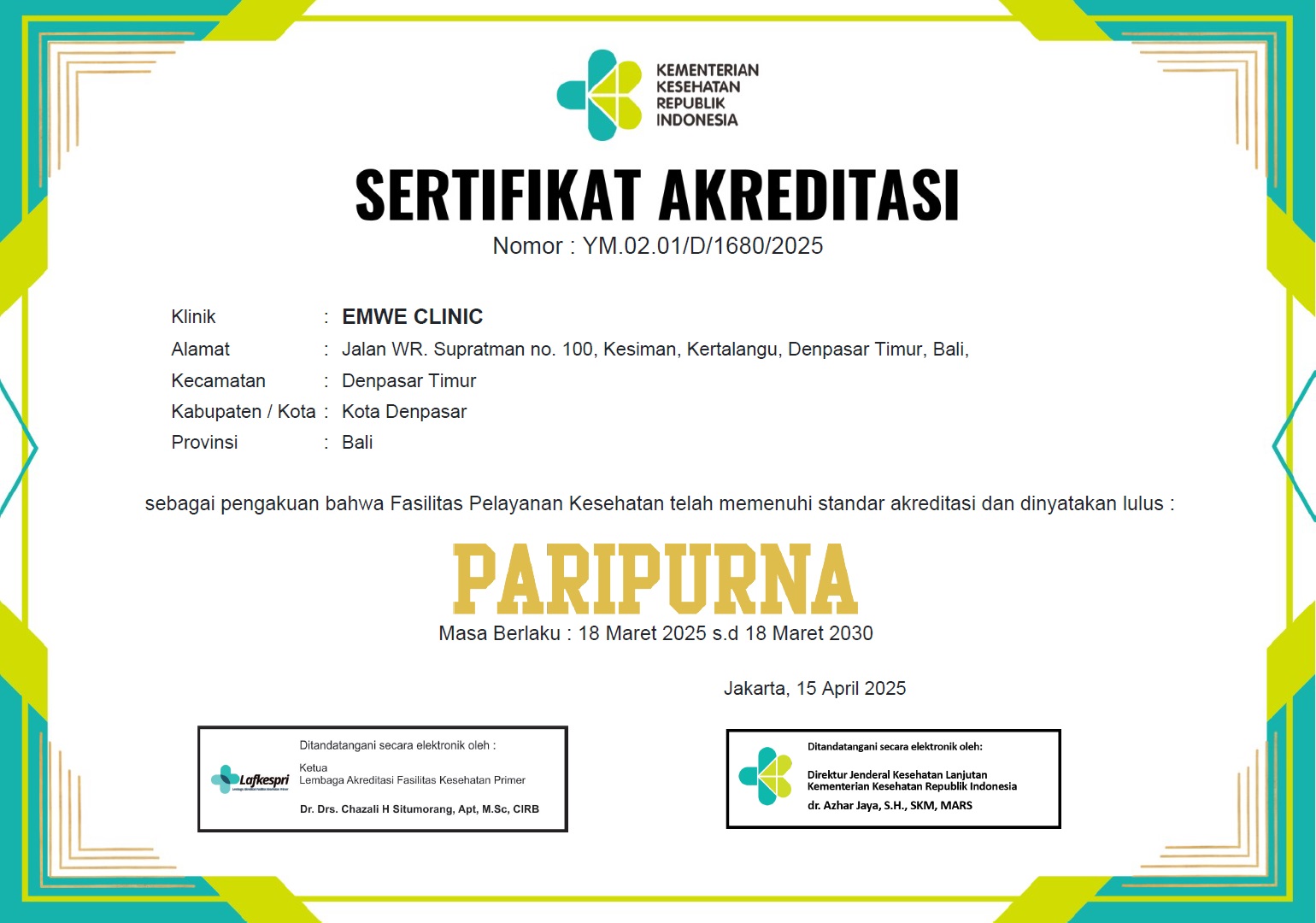 Sertifikat Akreditasi Paripurna Emwe Clinic